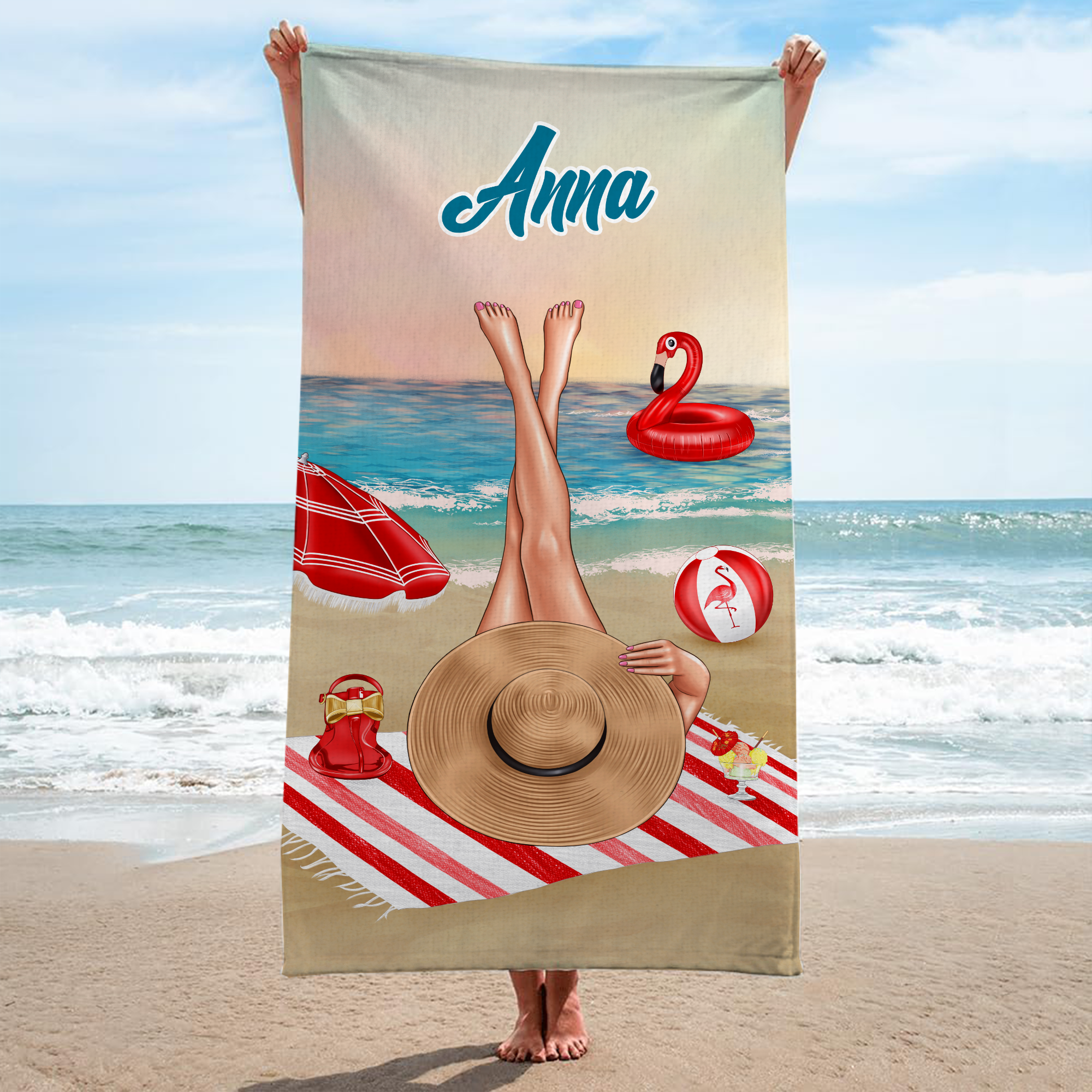 4679BGE2 frau und flamingos personalisiertes strandtuch_ fur frauen 4679B5H5A