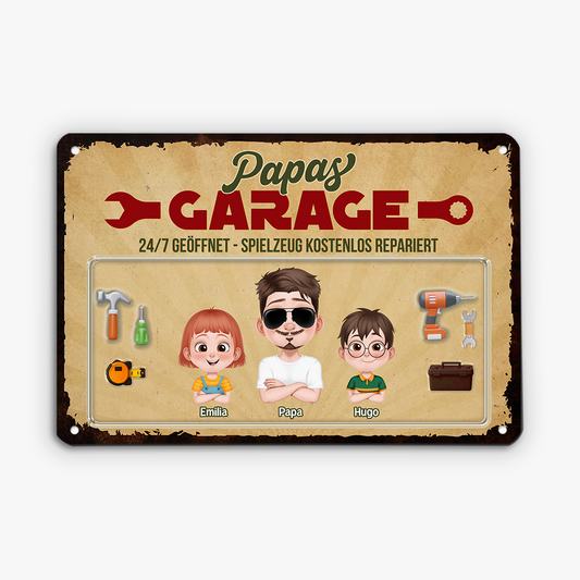 4972EGE1 PapasGarage Lustiges Turschild Personalisiert_ Papa Cartoon