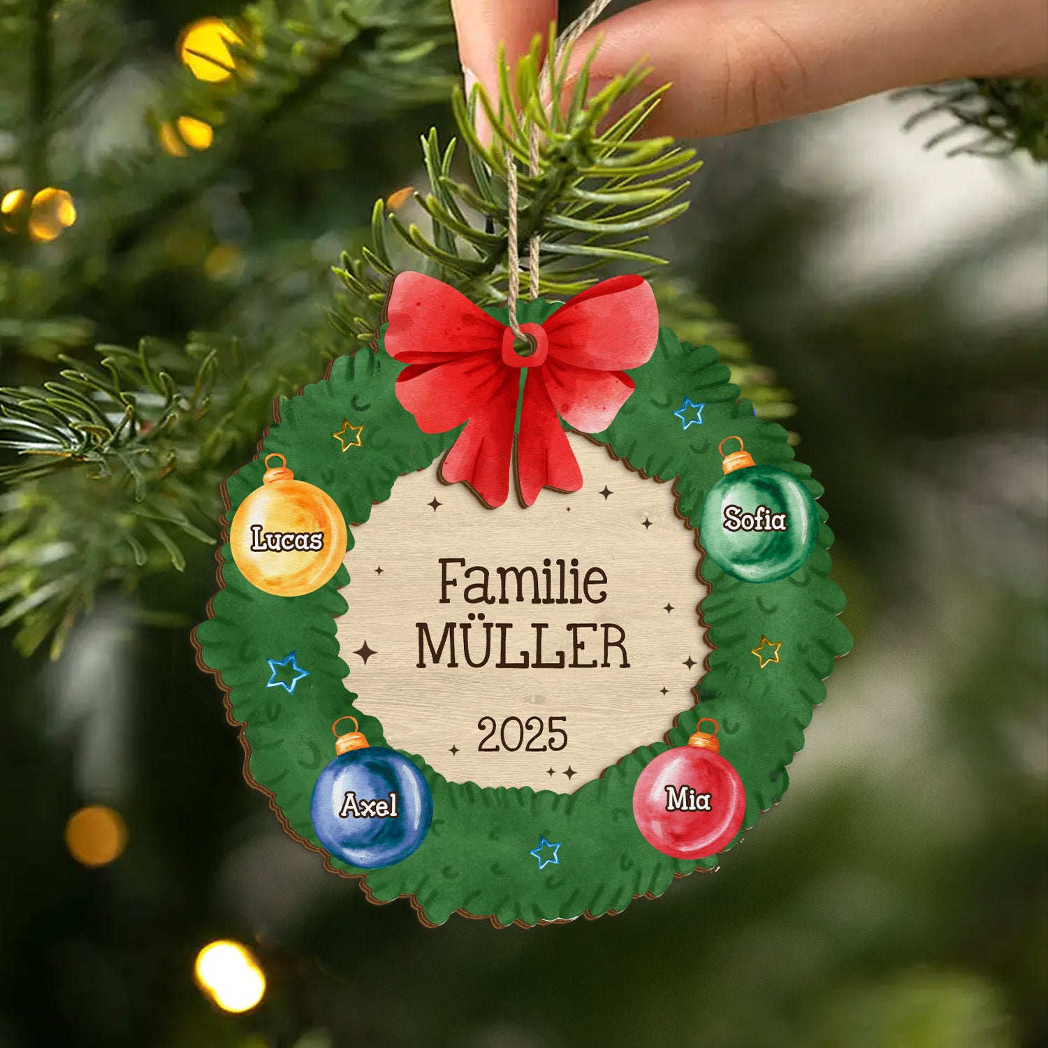 Familie Mit Weihnachtskranz - Personalisierte Weihnachtsgeschenke | 2-