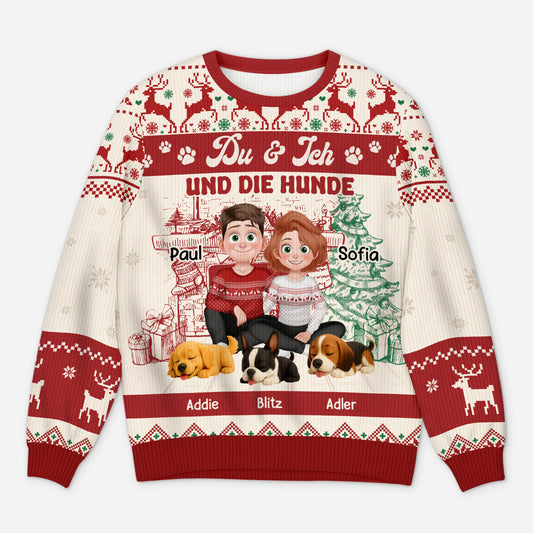 5646WGE1 du ich und die hunde cartoon personalisierter weihnachtspullover_ paar 5646WTMMC