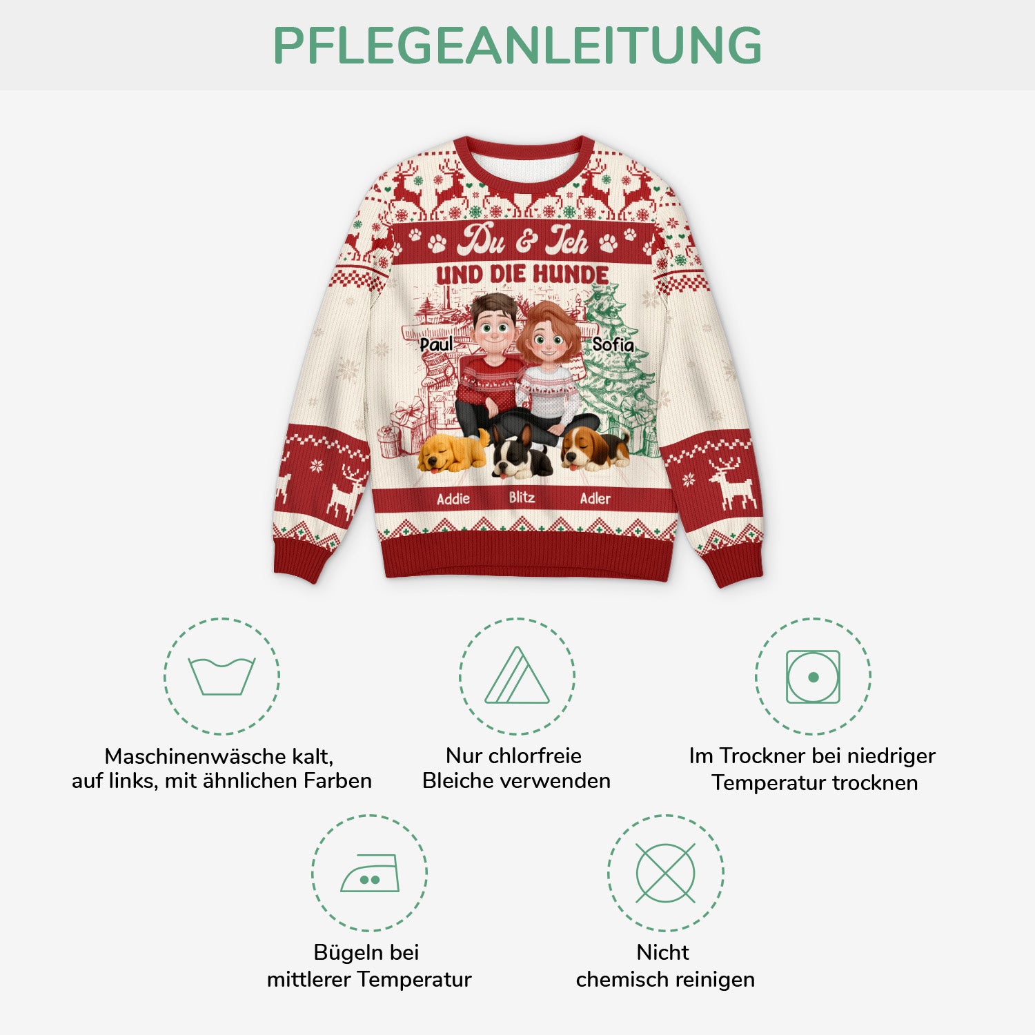 5646WGE4 du ich und die hunde cartoon personalisierter weihnachtspullover_ paar 5646WTMMC