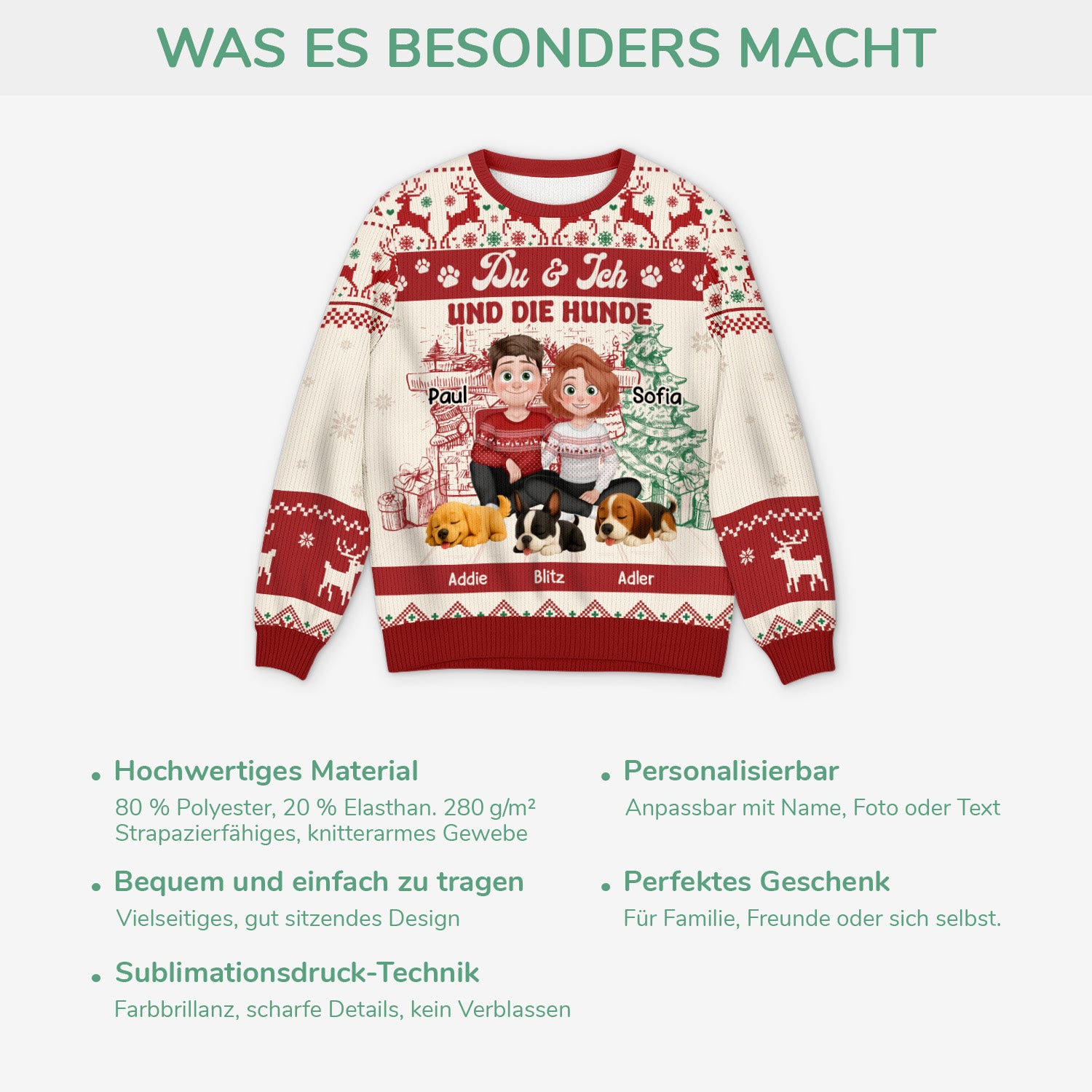 5646WGE5 du ich und die hunde cartoon personalisierter weihnachtspullover_ paar 5646WTMMC