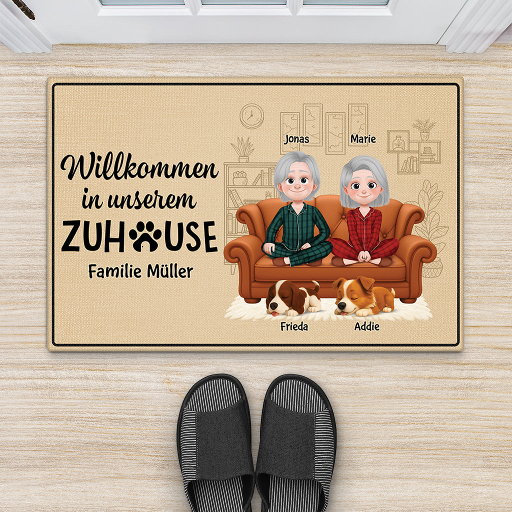 5933DGE2 willkommen in unserem zuhause hund fussmatte personalisiert paar_ 5933D6HNC