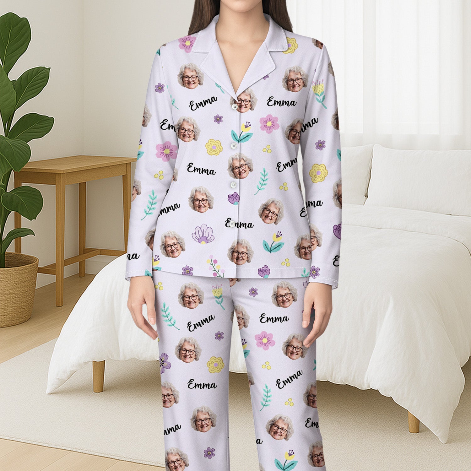 6014VGE3 blumen mit gesicht personalisierte pyjama damen_ 6014V3ZTA