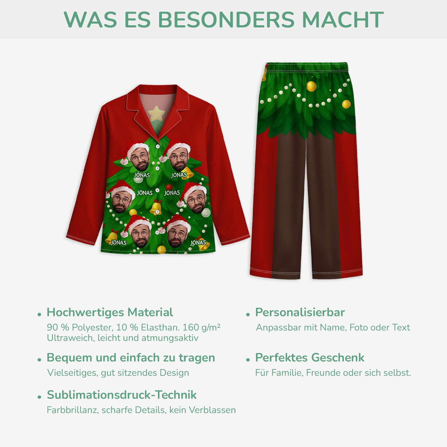6054VGE5 weihnachtsbaum mit gesicht lustiger pyjama personalisiert_ damen und herren 6054VKHNB