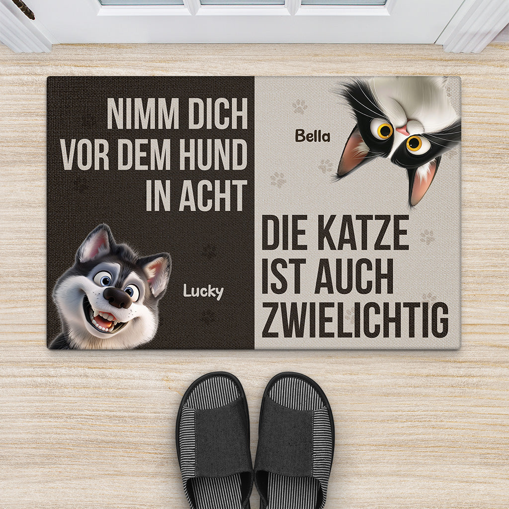 6354DGE2 nimm dich vor der katze der hund ist auch zwielichtig fussmatte personalisiert hund und katze 6354D8TZC
