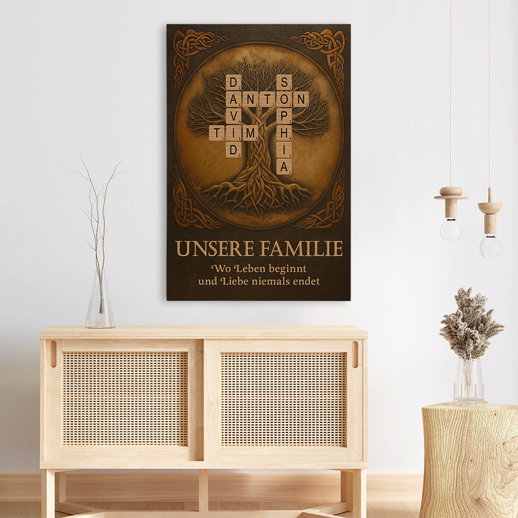 7303CGE3 familie wo leben beginnt liebe niemals endet leinwand familienstammbaum kreuzwortratsel personalisiert 7303C6TZI