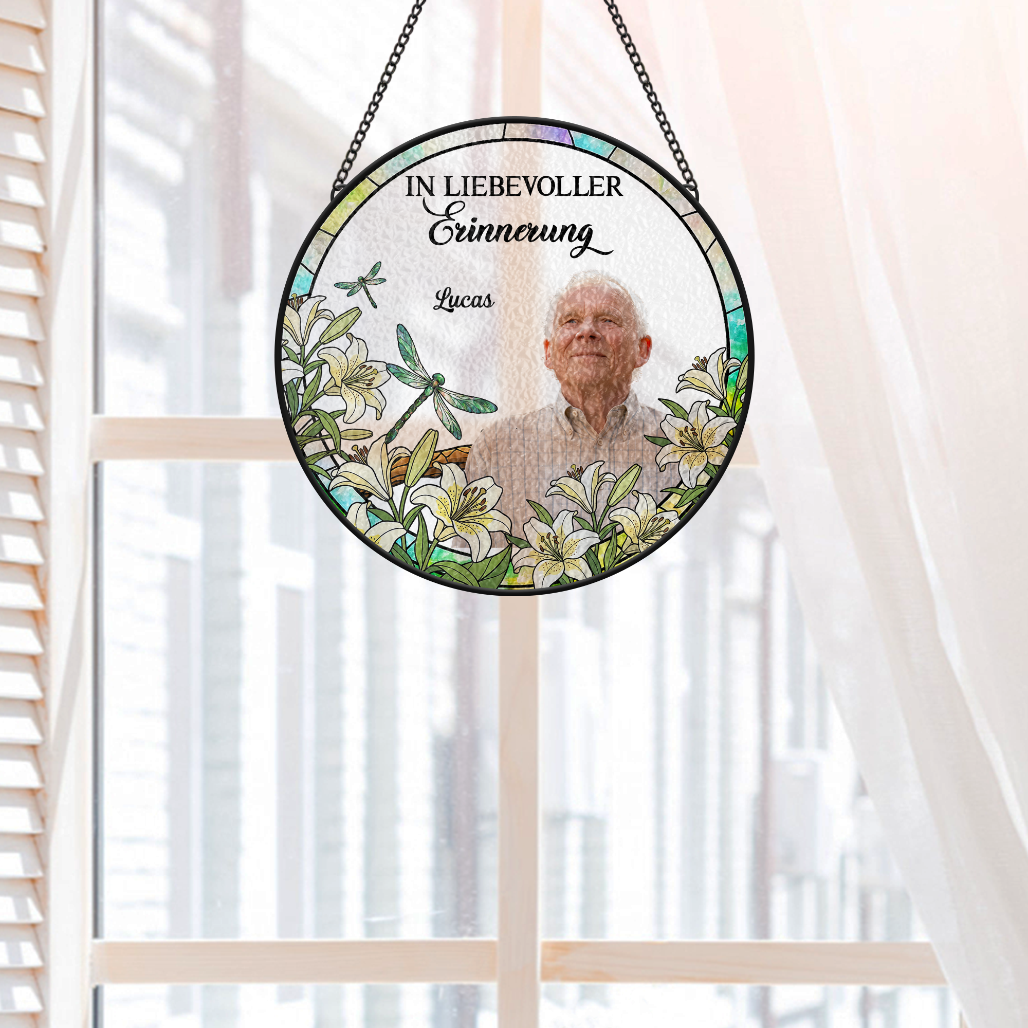 7676UGE2 ich bin immer bei dir rotkardinal personalisierte trauergeschenke  buntglas sonnenfanger foto papamama 7676u3taa