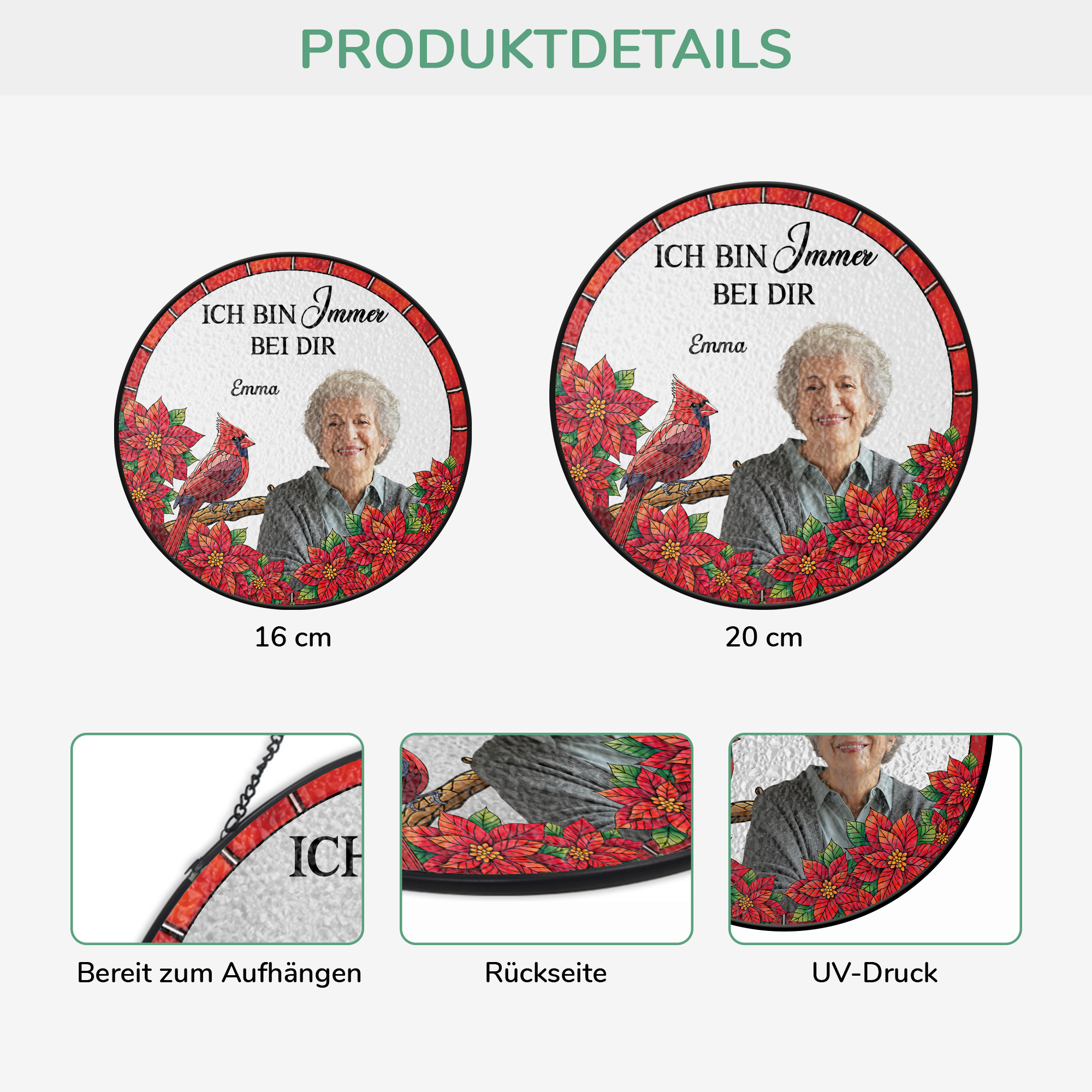 7676UGE3 ich bin immer bei dir rotkardinal personalisierte trauergeschenke  buntglas sonnenfanger foto papamama 7676u3taa