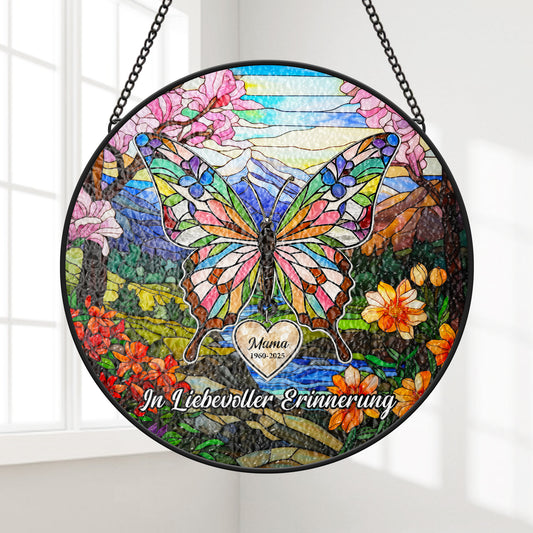 7687UGE1 in liebevoller erinnerung schmetterlinge personalisierte trauergeschenke  buntglas sonnenfanger papamama 7687utpca