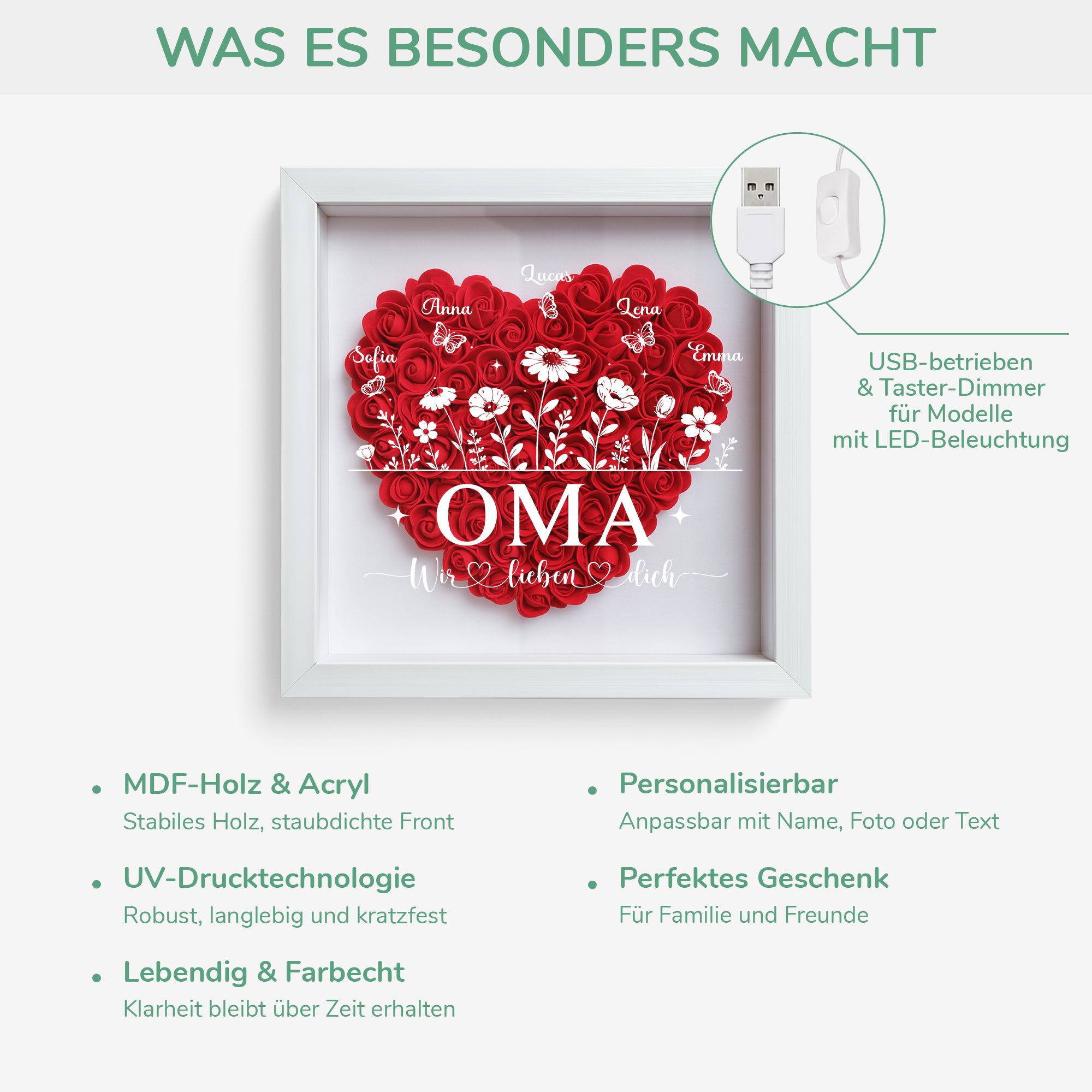 7688OGE3 wir lieben dich personalisiertes geschenk  blumen 3d bilderrahmen mama oma blumen 7688otptg