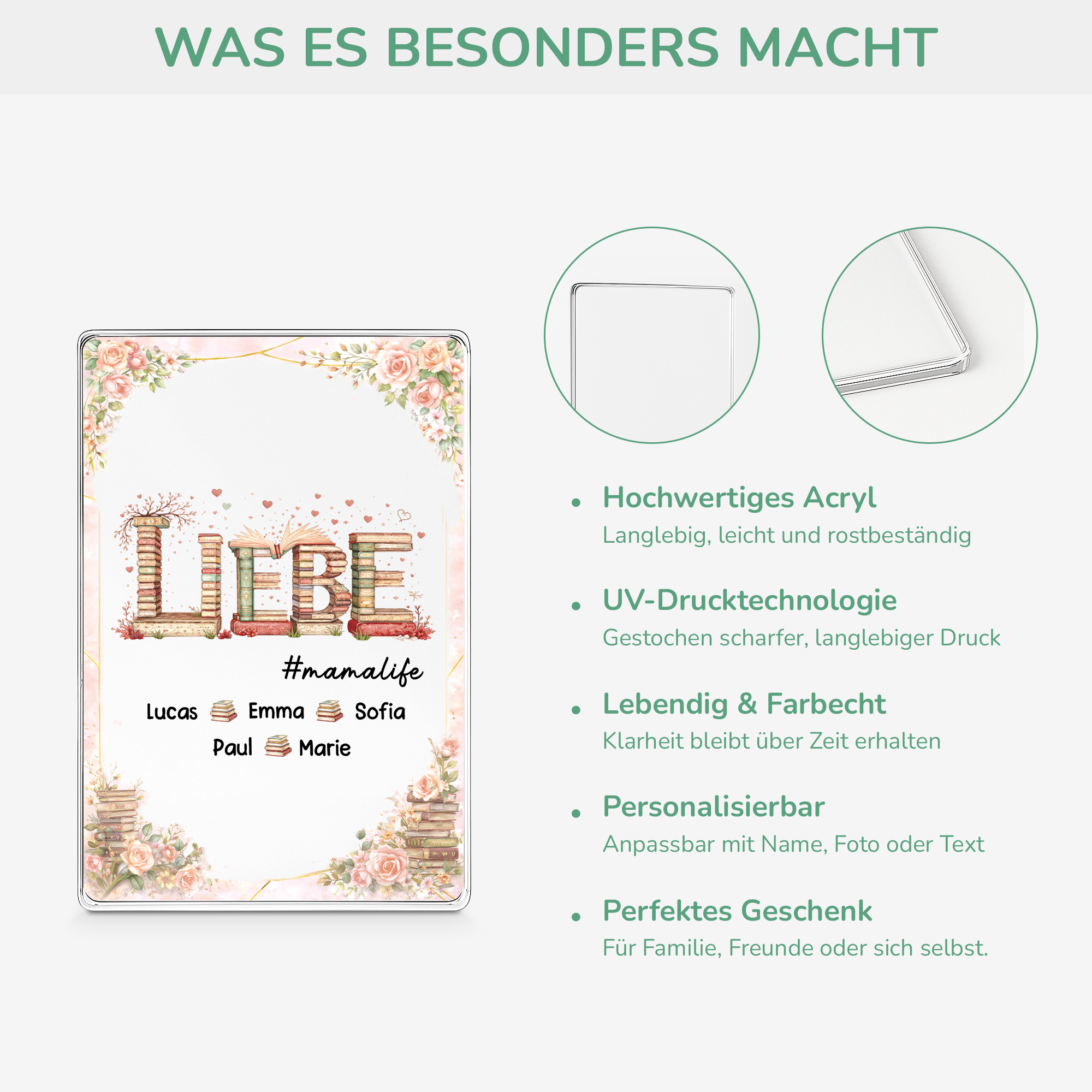 8134RGE4 liebe  bucher personalisiertes geschenk  rechteck acryl aufsteller mama  oma 8134rthca