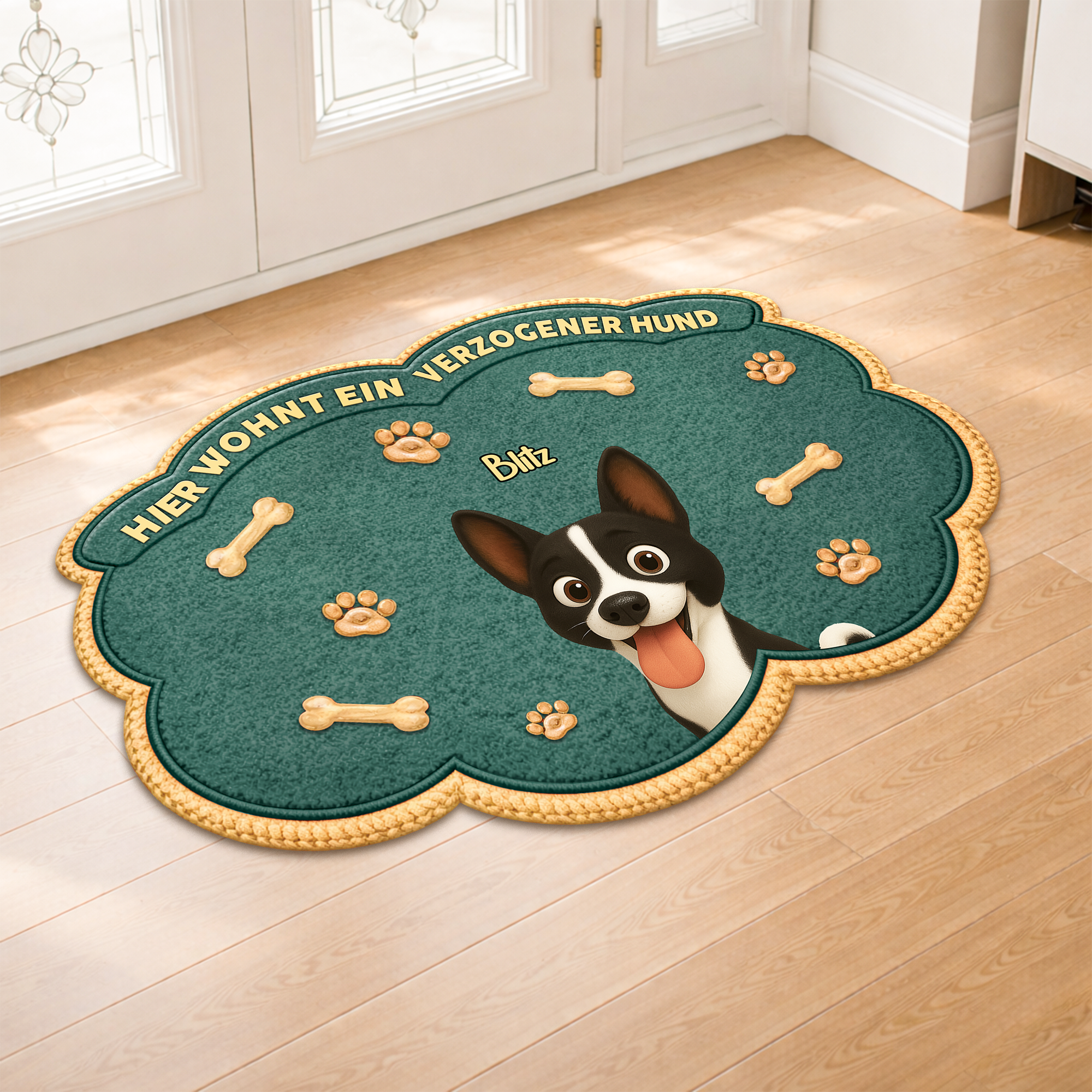 8558AGE1 hier wohnen verzogene hunde personalisiertes hunde geschenk  fussmatte unregelmassige form 8558adavrc_2