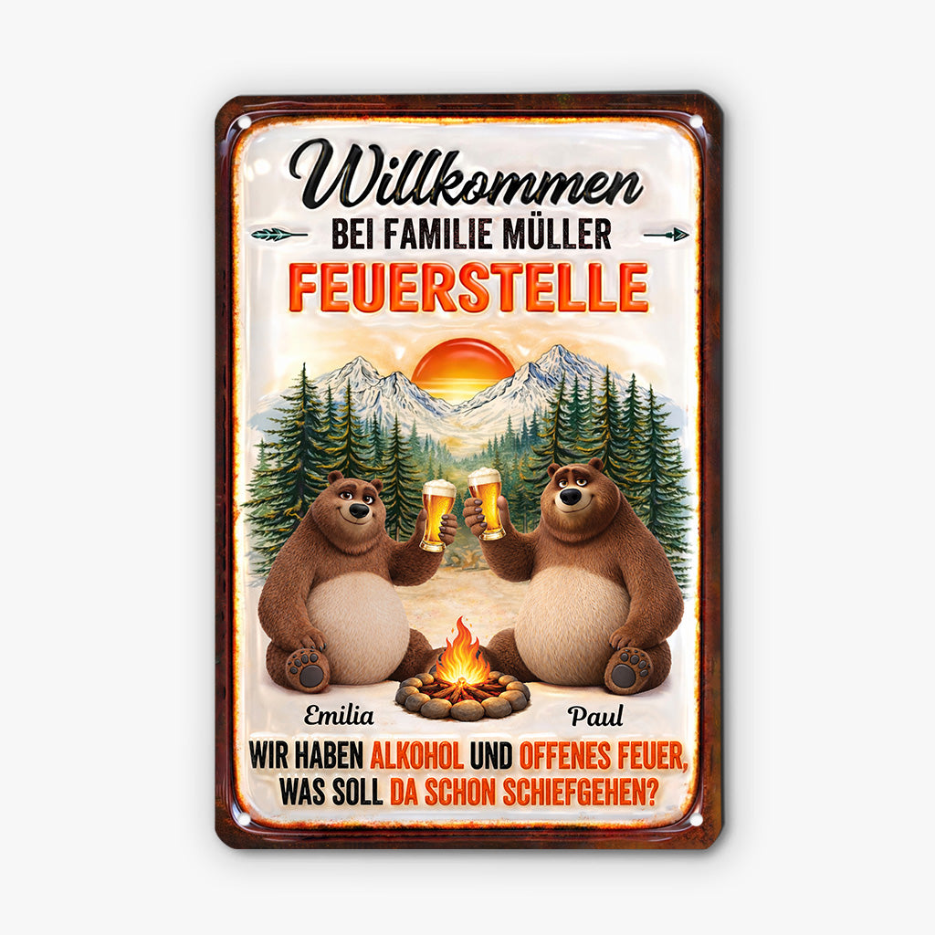 Feuerstelle - Personalisierte Paar Geschenke | Camping Schild Bär