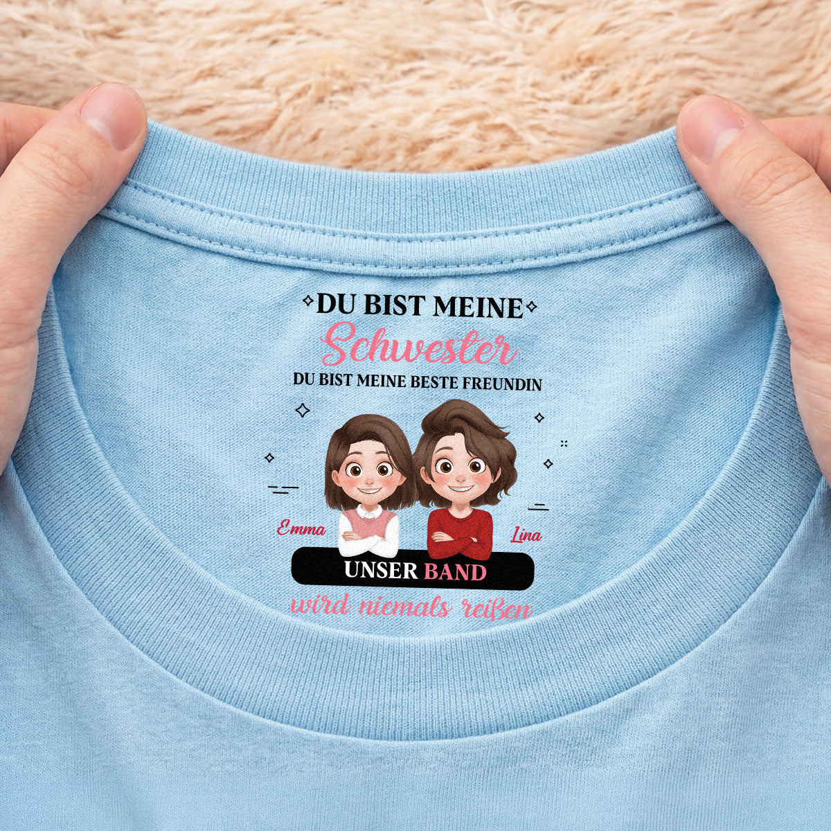 9068AGE2 unser band wird niemals reissen personalisiertes geschenk  weisses t shirt nackenlabel drucken tochter sohn schwester bruder 9068aa6fsa