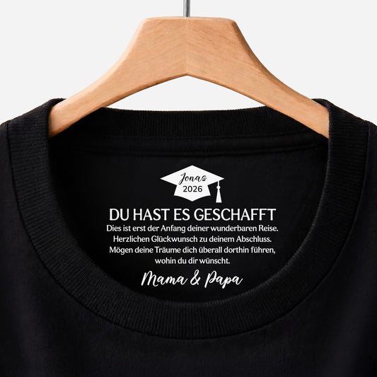 9214AGE1 du hast es geschafft personalisierte geschenke abschluss  schwarzes t shirt nackenlabel drucken frauen manner 9214aa6dna