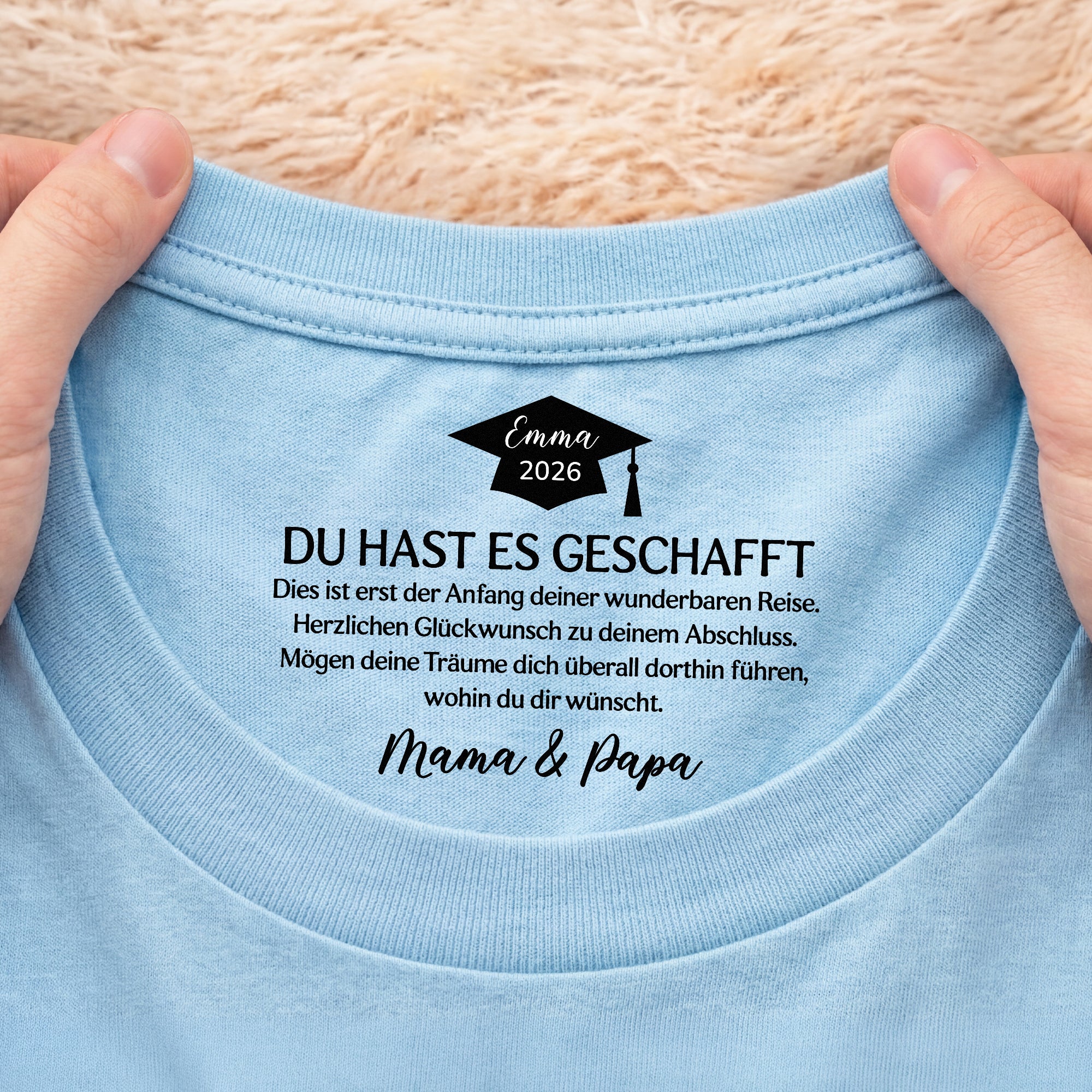 9214AGE2 du hast es geschafft personalisierte geschenke abschluss  weisses t shirt nackenlabel drucken frauen manner 9214aa6dnb