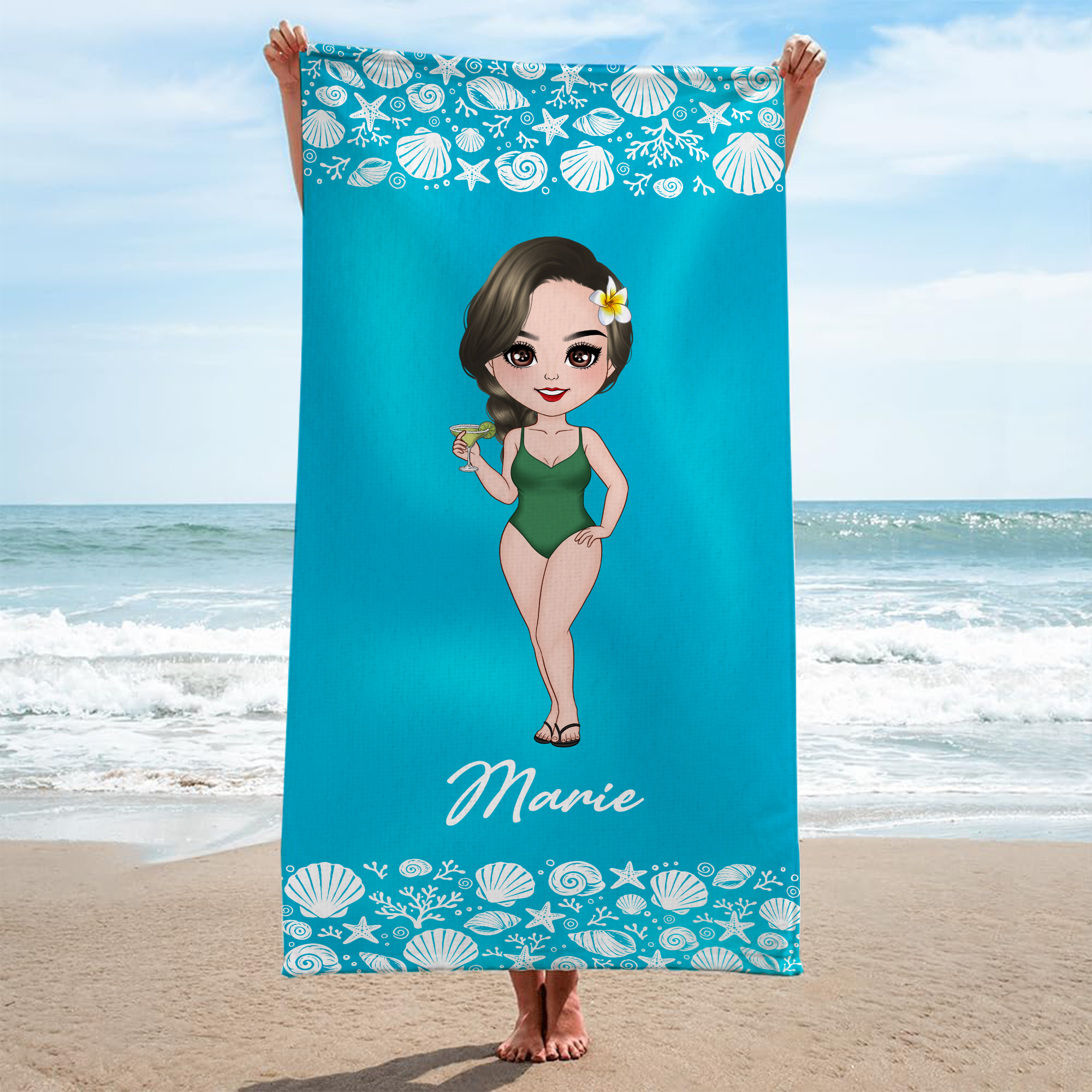 9277BGE2 frau am strand bikini personalisiertes geschenk  strandtuch muschelschale 9277b8cna